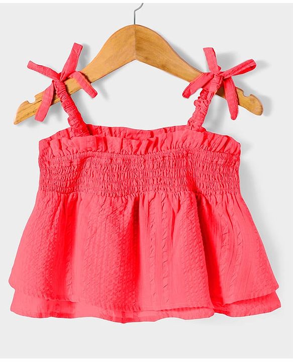 Pine Kids Cotton Woven Singlet Textured Top with Smock Detailing - Red