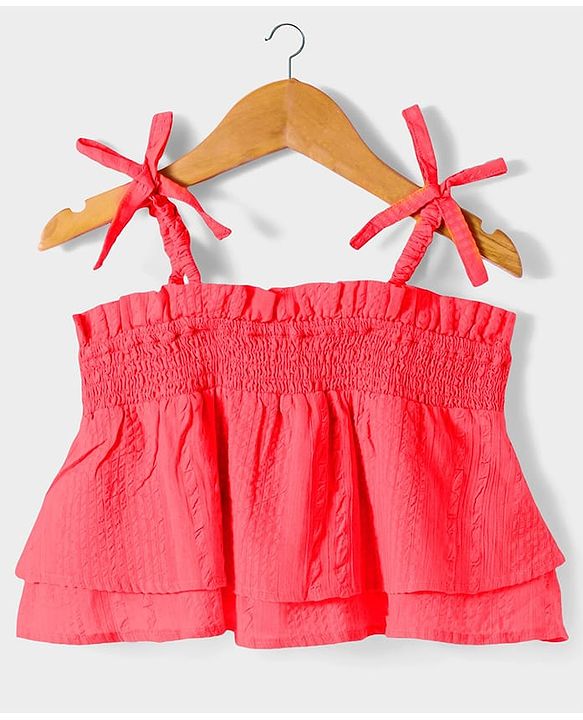 Pine Kids Cotton Woven Singlet Textured Top with Smock Detailing - Red