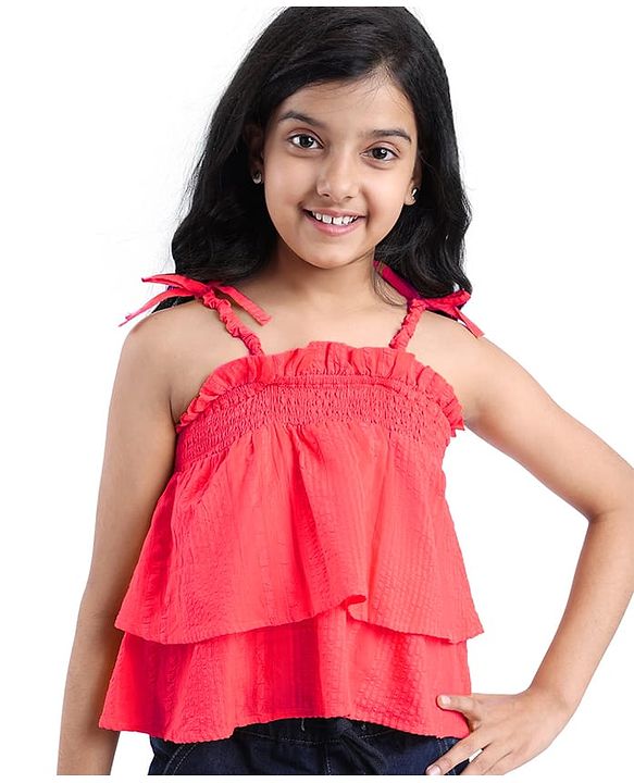 Pine Kids Cotton Woven Singlet Textured Top with Smock Detailing - Red