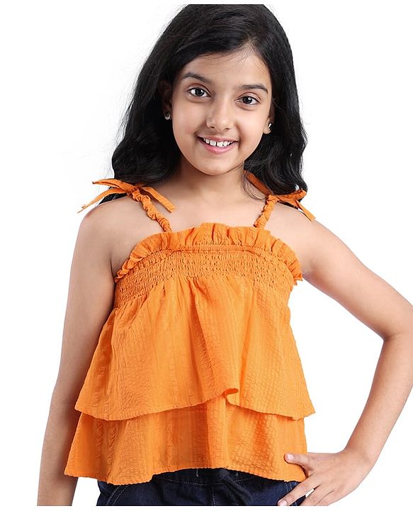 Pine Kids Cotton Woven Singlet Textured Top with Smock Detailing - Orange