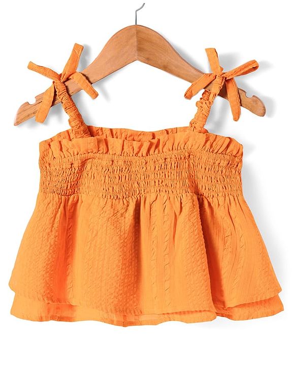 Pine Kids Cotton Woven Singlet Textured Top with Smock Detailing - Orange