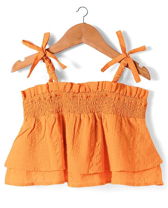 Pine Kids Cotton Woven Singlet Textured Top with Smock Detailing - Orange