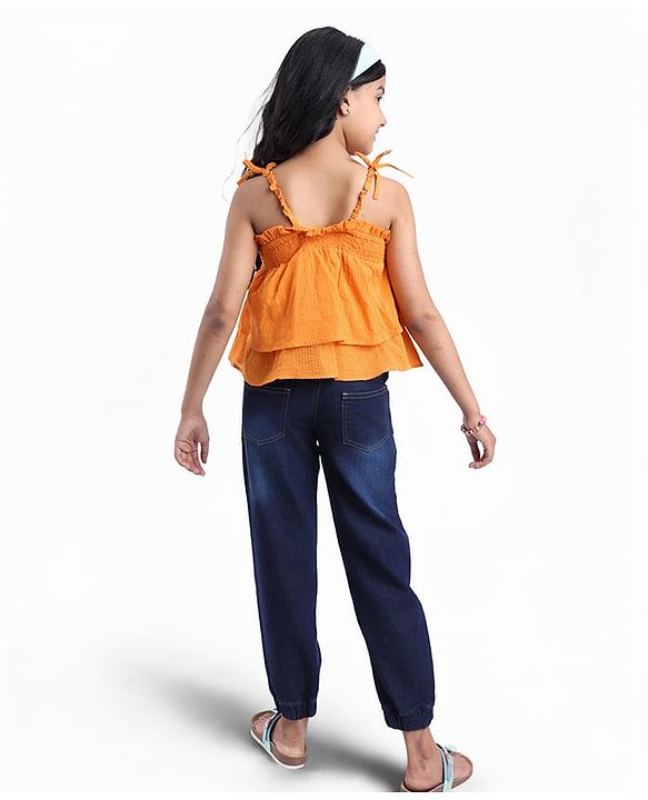 Pine Kids Cotton Woven Singlet Textured Top with Smock Detailing - Orange