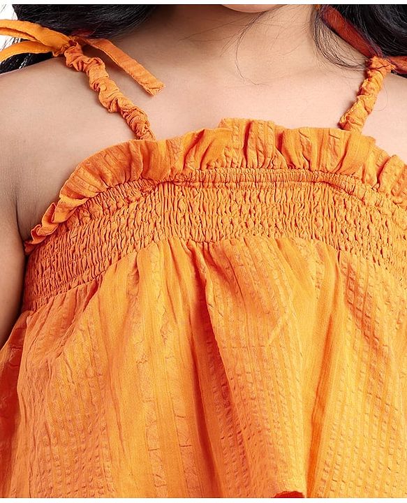 Pine Kids Cotton Woven Singlet Textured Top with Smock Detailing - Orange