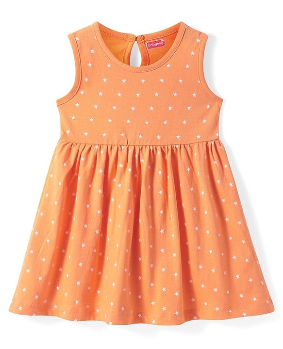 Babyhug Single Jersey Knit Sleeveless Frock with Stars Print - Orange
