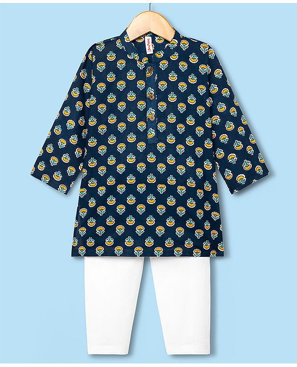 Babyhug Cotton Woven Full Sleeves Floral Printed Kurta Pyjama Set - Navy Blue