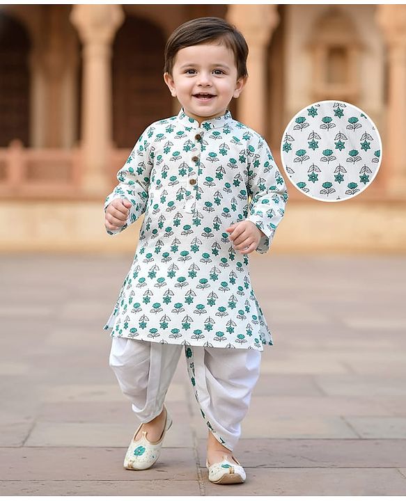 Babyhug Cambric Woven Full Sleeves Kurta Dhoti Set With Floral Print - White