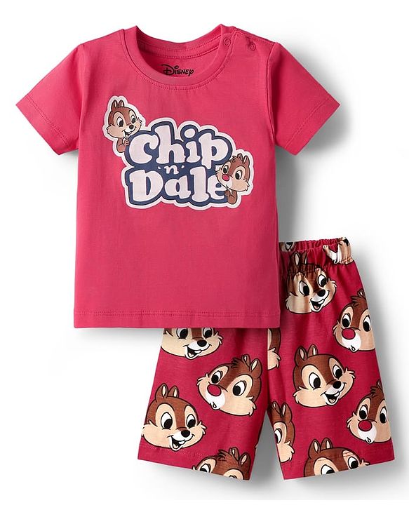 Babyhug Disney Single Jersey Knit Half Sleeves Shorts Night Suit With Chip N Dale Graphic - Red