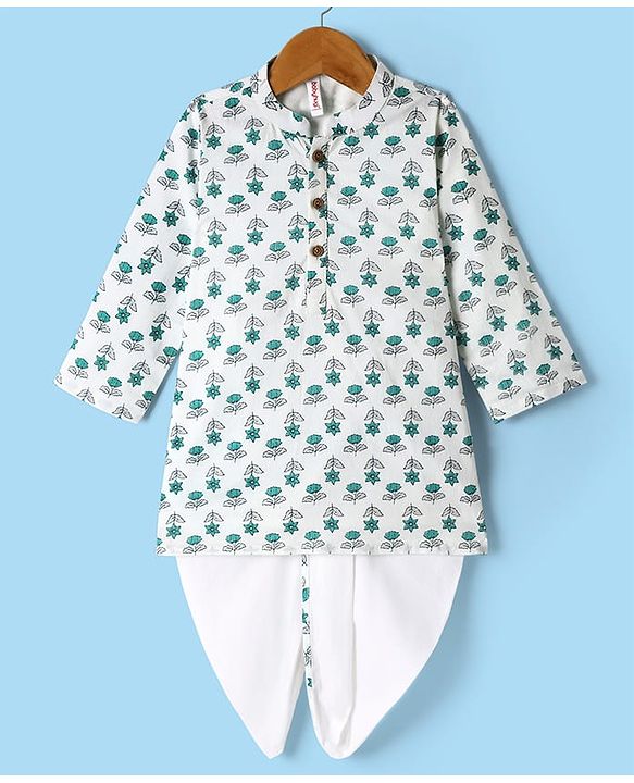 Babyhug Cambric Woven Full Sleeves Kurta Dhoti Set With Floral Print - White