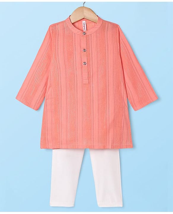 Babyhug Woven Full Sleeves Kurta Pyjama Set With Stripes - Coral