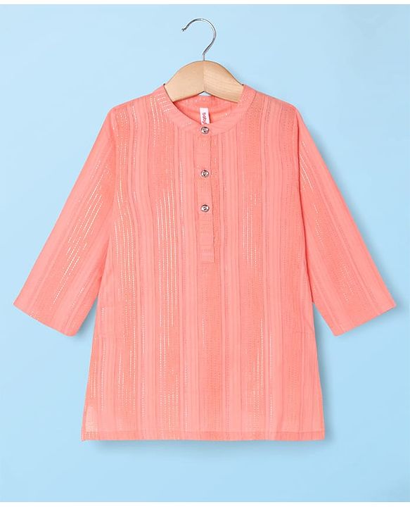 Babyhug Woven Full Sleeves Kurta Pyjama Set With Stripes - Coral