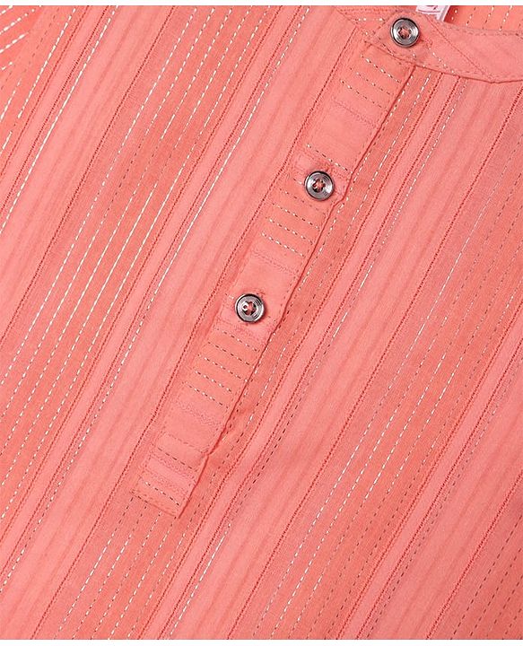Babyhug Woven Full Sleeves Kurta Pyjama Set With Stripes - Coral