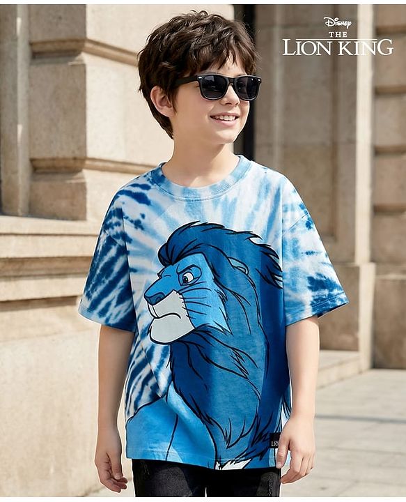 Pine Kids Disney Terry Knit Half Sleeves Oversized And Drop Shoulder Tie And Dye T-Shirt With Lion King Graphics And Badge Detailing  - Blue