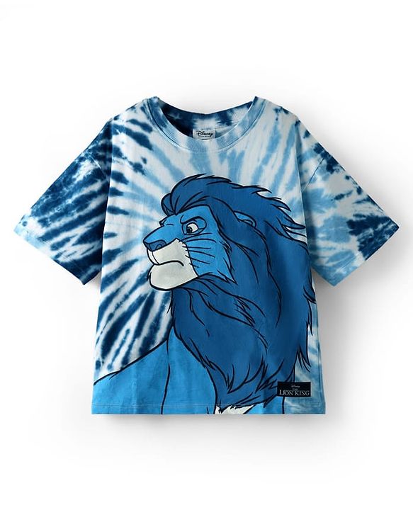 Pine Kids Disney Terry Knit Half Sleeves Oversized And Drop Shoulder Tie And Dye T-Shirt With Lion King Graphics And Badge Detailing  - Blue
