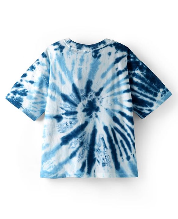 Pine Kids Disney Terry Knit Half Sleeves Oversized And Drop Shoulder Tie And Dye T-Shirt With Lion King Graphics And Badge Detailing  - Blue