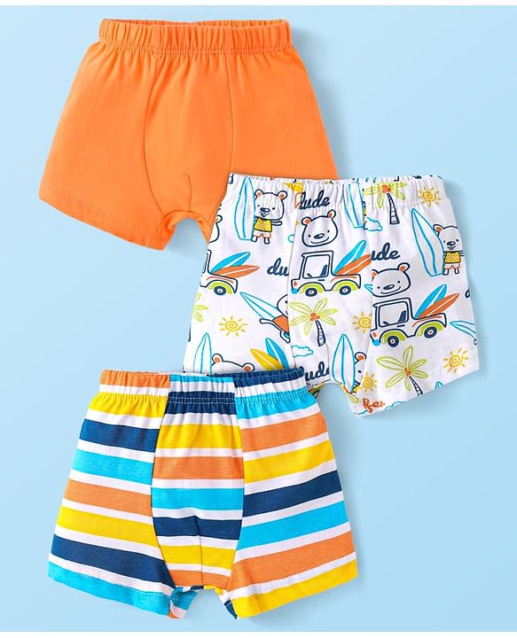 Babyhug 100% Cotton Knit Trunks with Stripes & Beach Theme Print Pack of 3 - Orange & White