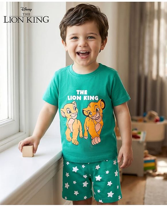 Babyhug Disney Single Jersey Knit Half Sleeves Shorts Night Suit with  Simba & Friends Graphics - Mint