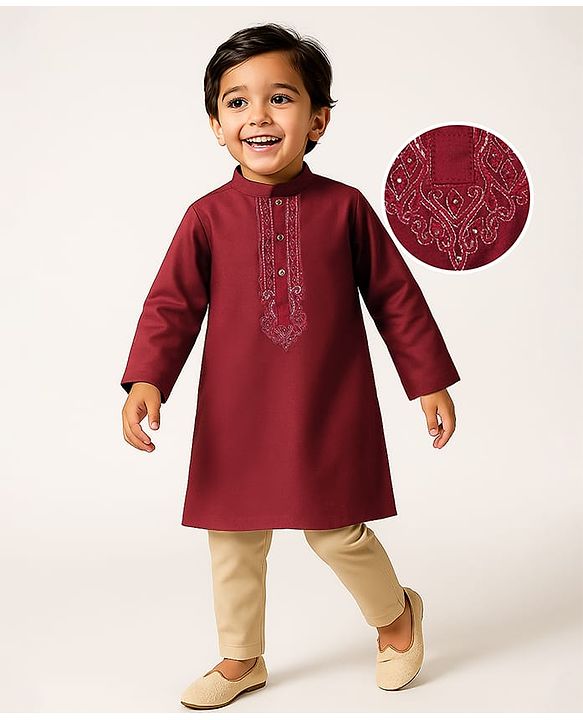 Babyhug Woven Full Sleeves Embroidered Kurta Pajama Set - Maroon & Beige