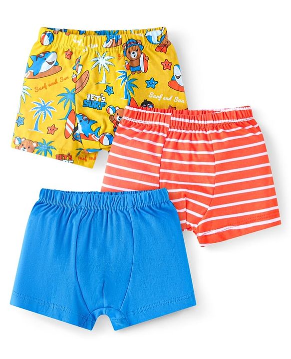 Babyhug 100% Cotton Knit Trunks with Beach Theme Print & Stripes Pack of 3 - Yellow Red & Blue