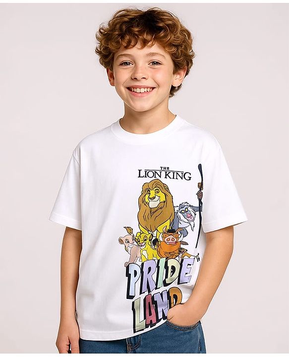 Pine Kids Disney Terry Knit Half Sleeves Oversize Drop Shoulder T-Shirt With Front And Back Lion King Graphics - White