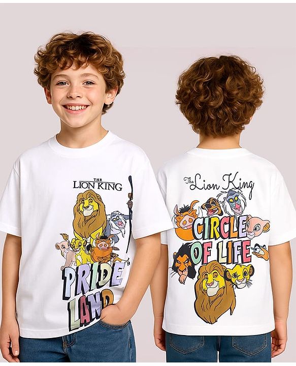 Pine Kids Disney Terry Knit Half Sleeves Oversize Drop Shoulder T-Shirt With Front And Back Lion King Graphics - White