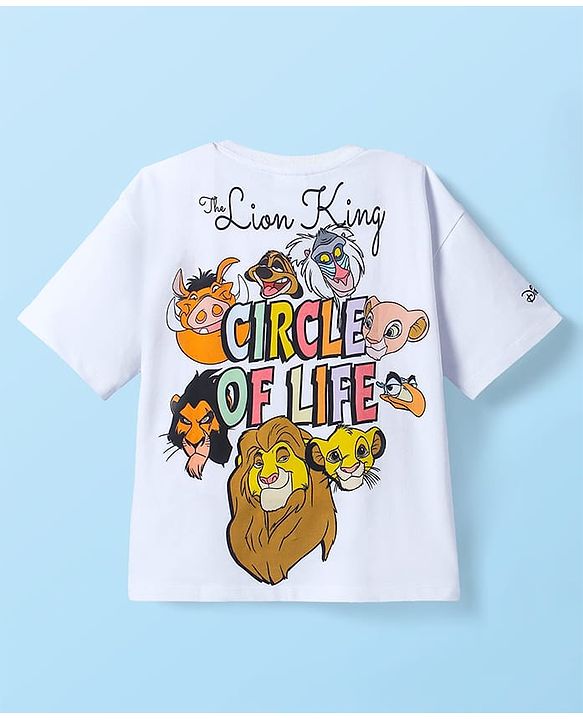 Pine Kids Disney Terry Knit Half Sleeves Oversize Drop Shoulder T-Shirt With Front And Back Lion King Graphics - White