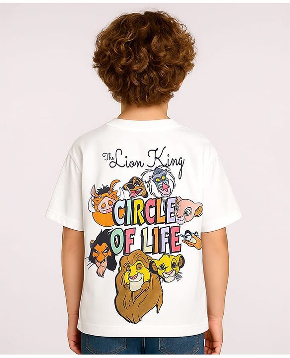 Pine Kids Disney Terry Knit Half Sleeves Oversize Drop Shoulder T-Shirt With Front And Back Lion King Graphics - White
