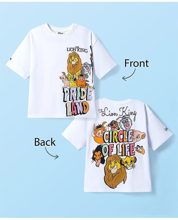 Pine Kids Disney Terry Knit Half Sleeves Oversize Drop Shoulder T-Shirt With Front And Back Lion King Graphics - White