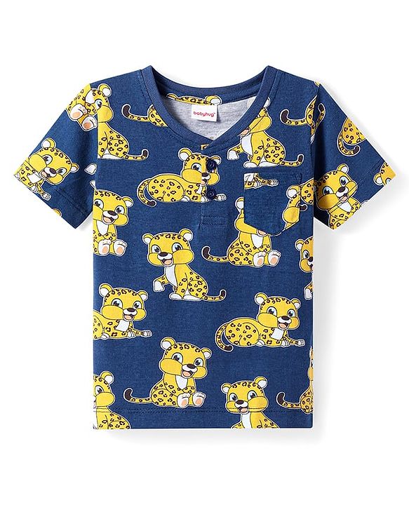 Babyhug Cotton Knit Half Sleeves Henley Neck T-Shirt with Tiger Print - Navy Blue