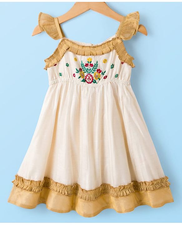 Babyhug Woven Frill Sleeves South Cotton Pattu Ethnic Dress with Floral Embroidery - Off White