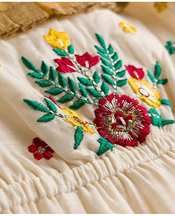 Babyhug Woven Frill Sleeves South Cotton Pattu Ethnic Dress with Floral Embroidery - Off White