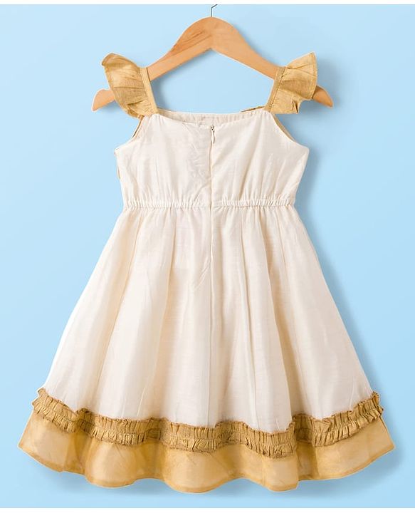 Babyhug Woven Frill Sleeves South Cotton Pattu Ethnic Dress with Floral Embroidery - Off White