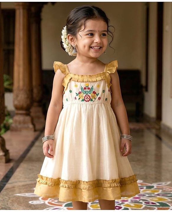 Babyhug Woven Frill Sleeves South Cotton Pattu Ethnic Dress with Floral Embroidery - Off White