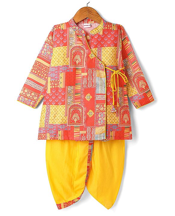 Babyhug Cotton Cambric Printed Angarakha Kurta & Dhoti Set - Coral