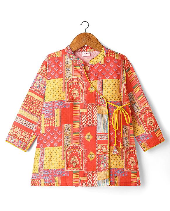 Babyhug Cotton Cambric Printed Angarakha Kurta & Dhoti Set - Coral
