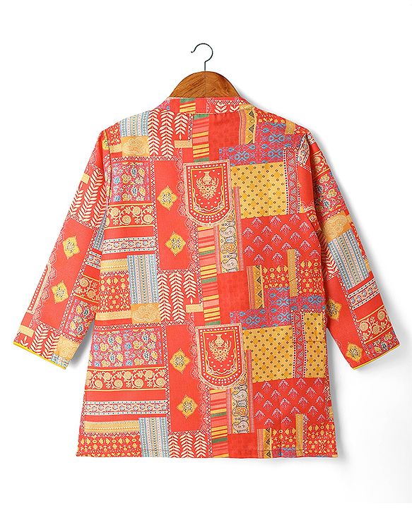 Babyhug Cotton Cambric Printed Angarakha Kurta & Dhoti Set - Coral