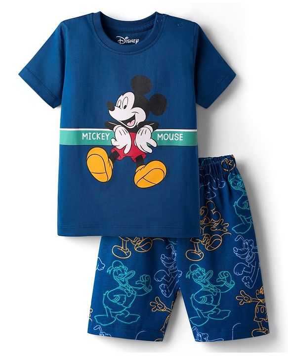 Babyhug Disney Single Jersey Knit Half Sleeves Shorts Night Suit With Mickey Mouse Graphic - Navy Blue
