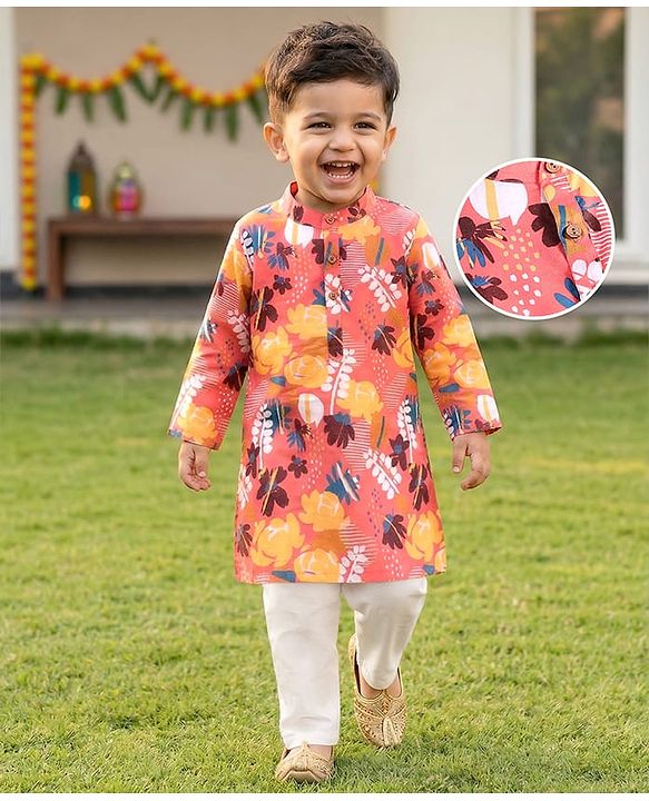 Babyhug 100% Cotton Woven Full Sleeves Feather Printed Kurta Dhoti Set -Multicolour main image 1