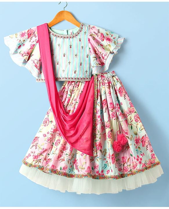 Babyhug Woven Flutter Sleeves Choli Lehenga & Dupatta Set with Floral Print - Blue & Pink