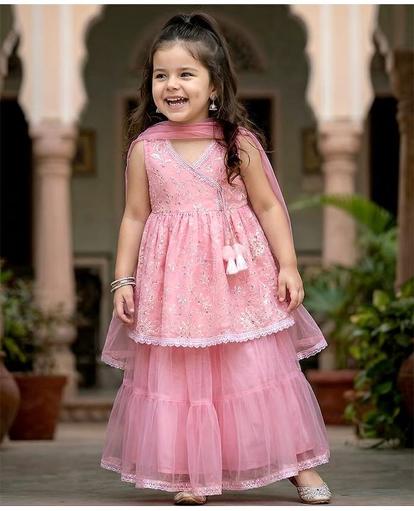 Babyhug Woven Sleeveless Net Embroidered Sequinned Long Choli With Lehenga & Dupatta Set  - Pink