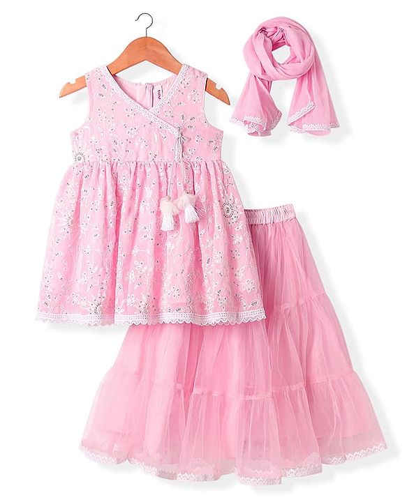 Babyhug Woven Sleeveless Net Embroidered Sequinned Long Choli With Lehenga & Dupatta Set  - Pink