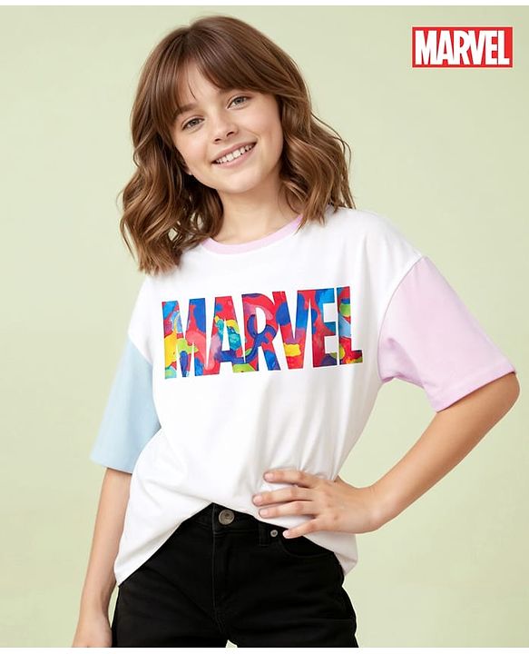 Pine Kids Marvel Terry Knit Half Sleeves Oversize Drop Shoulder T-Shirt With Marvel Graphics - White