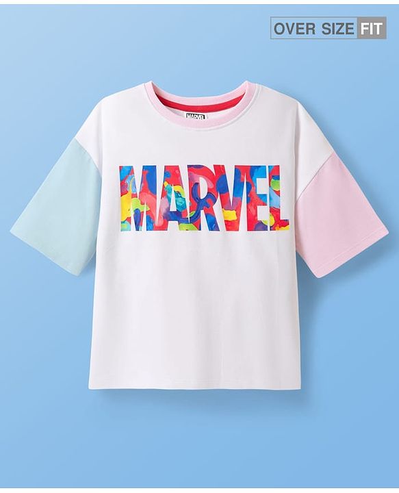 Pine Kids Marvel Terry Knit Half Sleeves Oversize Drop Shoulder T-Shirt With Marvel Graphics - White