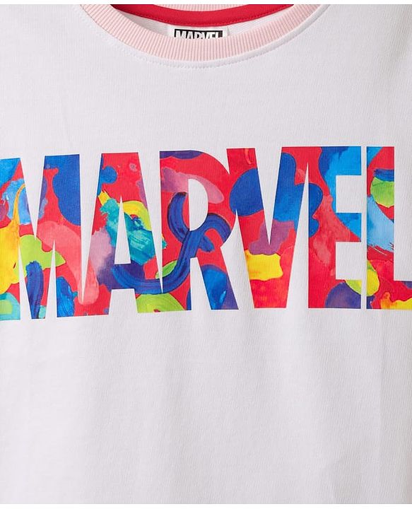 Pine Kids Marvel Terry Knit Half Sleeves Oversize Drop Shoulder T-Shirt With Marvel Graphics - White