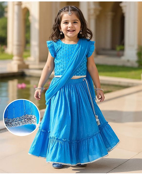Babyhug Woven Frill Sleeves Lehenga Choli Set And Dupatta With Sequinned Embroidery & Lace Detailing - Blue