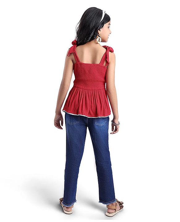 Pine Kids Woven Sleeveless Textured Top with Lace Detailing - Maroon
