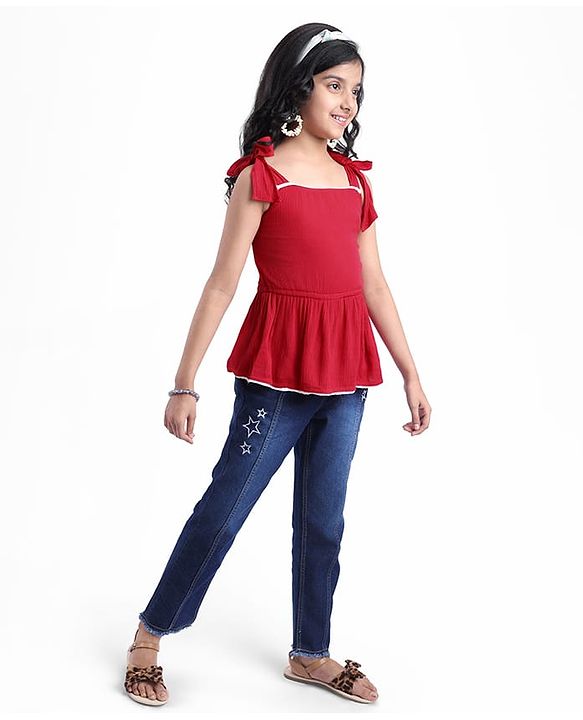 Pine Kids Woven Sleeveless Textured Top with Lace Detailing - Maroon