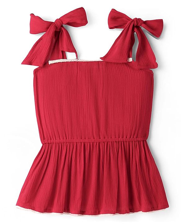 Pine Kids Woven Sleeveless Textured Top with Lace Detailing - Maroon