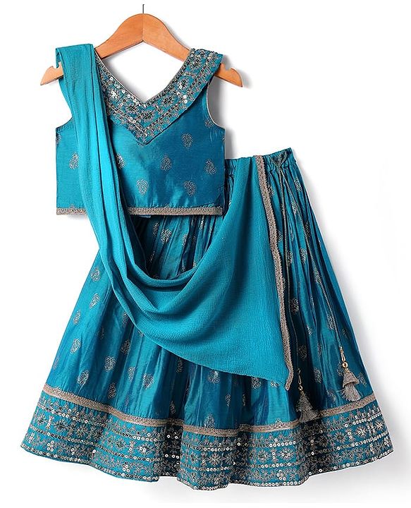 Babyhug Woven Sleeveless Sequecned Embroidered  Choli Lehenga Set with Dupatta & Tassel Detailing - Teal Blue
