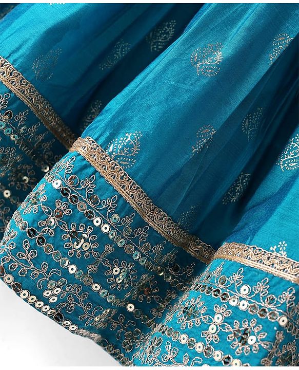Babyhug Woven Sleeveless Sequecned Embroidered  Choli Lehenga Set with Dupatta & Tassel Detailing - Teal Blue